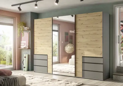 Schwebetürenschrank- B ca. 300 cm, Graphit, Eiche Dekor