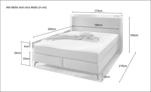 Boxspringbett- Liegefläche ca. 160x200 cm, Stoff, Hellgrau