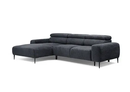Ecksofa - Longchair links mit 2-Sitzer, Sitzvorzug motorisch, Kopfteil verstellbar, Stoff, Schwarzgrau