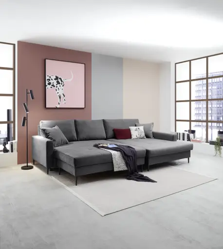 Ecksofa - 3-Sitzer mit Longchair rechts, Schlaffunktion mit Bettkasten, Stoff, Anthrazit