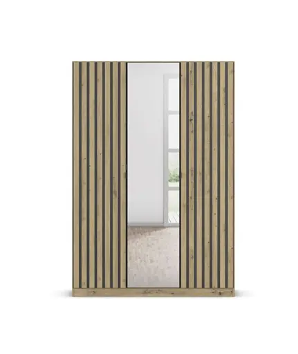 Drehtürenschrank RUERTO- B ca. 136 cm, Eiche Dekor, Dunkelgrau, Paneel, Eiche Dekor, Spiegel