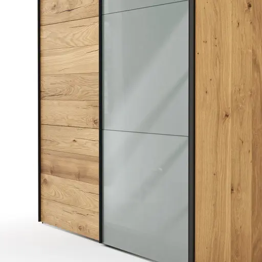 Schwebetürenschrank Colorado - B. ca. 257 cm, Eiche, Glas Graugrün