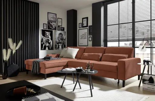 Ecksofa CALM MOVE 2.0 - Longchair links mit 2,5-Sitzer, Schlaffunktion, Feincord, Rost