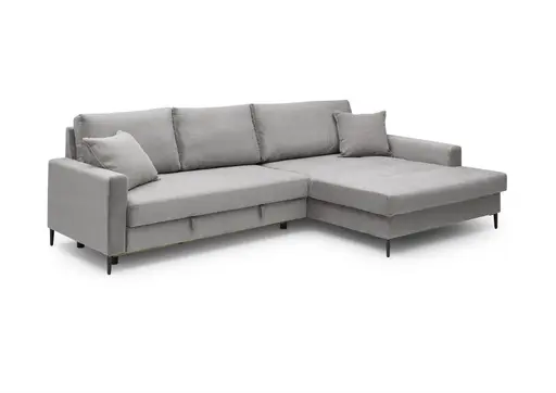 Ecksofa - 3-Sitzer mit Longchair rechts, Schlaffunktion mit Bettkasten, Stoff, Eisengrau