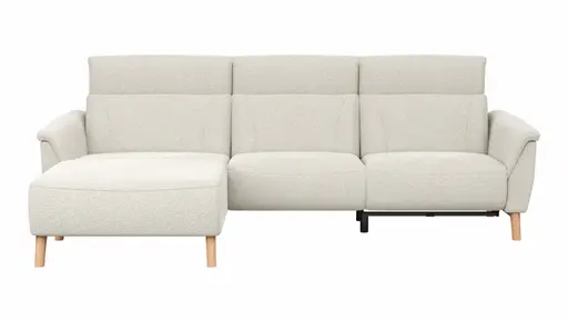Ecksofa Nevin - Longchair links mit 2-Sitzer rechts, inkl. Relaxfunktion (motorisch) und Kopfpolsterverstellung, Stoff, Weiß