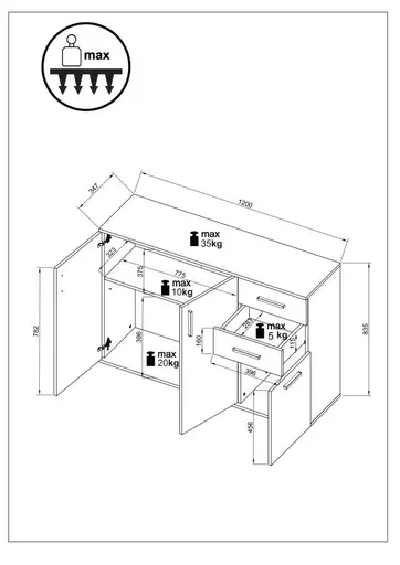 Kommode - B ca. 120 cm, Eiche Evoke Nachbildung, Weiß