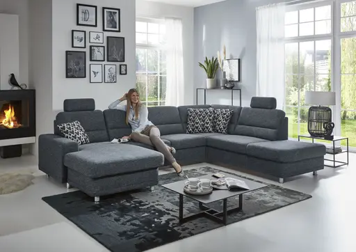 Wohnlandschaft - Longchair links mit 2,5-Sitzer und Ecke rechts, Stoff Dunkelblau