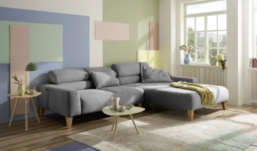Ecksofa CHENOA - 2-Sitzer mit Longchair rechts, Kopfteil verstellbar, Stoff, Steingrau
