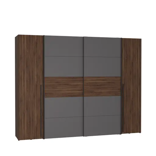 Schwebe-/Drehtürenschrank FAHDA - B. ca. 270 cm, Nussbaum Dekor, Grau