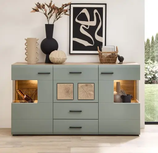 Sideboard - B ca. 170 cm, mit Beleuchtung, Schilfgrün, Viking Eiche Nachbildung
