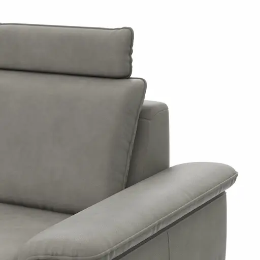 Ecksofa Tulsa KS - 1,5-Sitzer mit Anstellhocker aufklappbar links, Spitzecke und 2,5-Sitzer rechts, inkl. Kopfstütze, AL verstellbar und Schlaffunktion, Leder, Graubeige