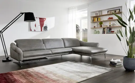 Ecksofa EM Imola - 2,5-Sitzer mit Longchair rechts inkl. Kopfteil und Sitztiefe verstellbar, Leder, Graugrün