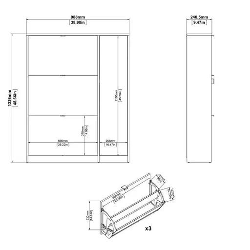 Schuhschrank - B ca. 99 cm, Eiche Struktur Nachbildung, Weiß Hochglanz