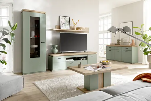 TV-Lowboard - mit Beleuchtung, B ca. 195 cm, Salbeigrün, Eiche Evoke Nachbildung