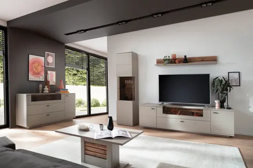 Wohnwand - inkl. Beleuchtung, Lack, graubeige