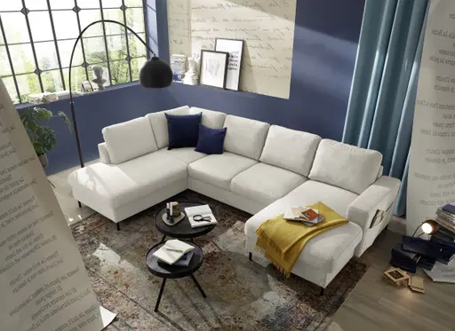 Wohnlandschaft - Ecke links mit 2-Sitzer und Longchair rechts, Stoff, Creme