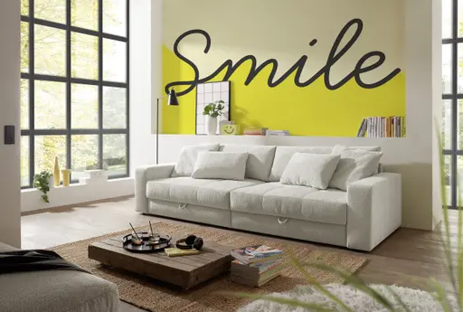 Big-Sofa Jella - 2-Sitzer, Schlaffunktion mit Bettkasten, Stoff, Graubeige