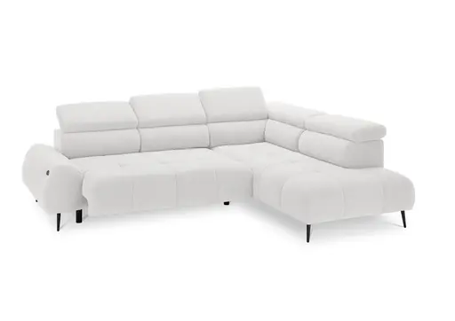 Ecksofa - 2-Sitzer mit Ecke rechts, Sitzvorzug motorisch, Kopfteil verstellbar, Stoff, Weiß
