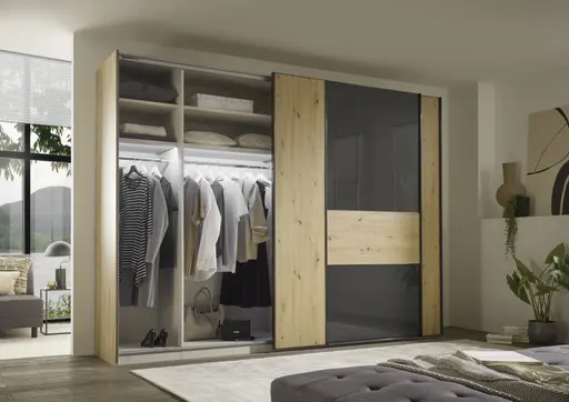 Schwebetürenschrank - mittig Anthrazitglas, B. ca. 298 cm, Dekor Artisan Eiche