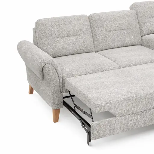 Ecksofa Almyra - 2,5-Sitzer mit Ottomane rechts, inkl. Schlaffunktion und Bettkasten, Stoff, Silbergrau
