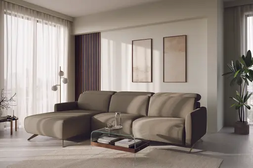 Ecksofa Arona - Longchair mit 2-Sitzer rechts inkl. 3x Kopfteil verstellbar, Stoff, Grau