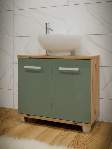 Waschbeckenunterschrank- B ca. 69 cm, Eiche Dekor, Graugrün