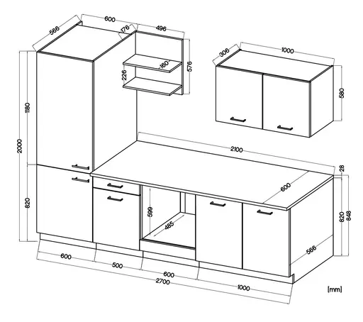 Küchenblock- ohne E-Geräte, B ca. 270 cm, Eiche Dekor, Weiß, Matt