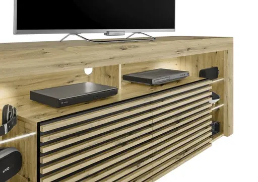 TV-Lowboard - mit Beleuchtung, B ca. 179 cm, Artisan Eiche Nachbildung, Schwarz