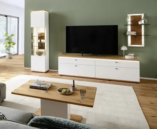 Wohnwand mit Beleuchtung - Weiß, Absetzung Wildeiche Furnier