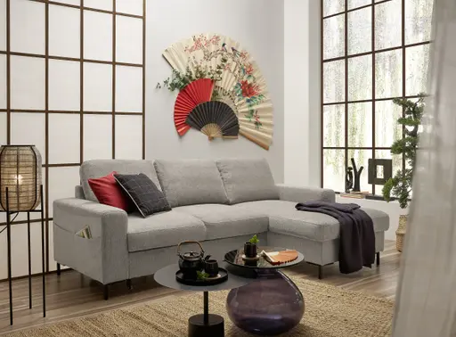 Ecksofa - 2-Sitzer mit Longchair rechts, Stoff, Steingrau