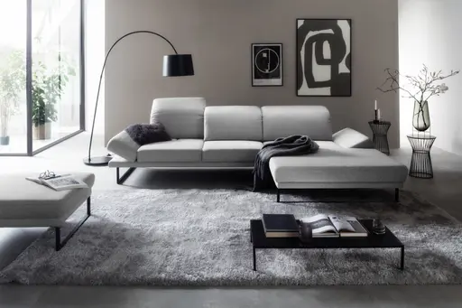 Ecksofa - 2-Sitzer mit Longchair rechts, Kopfteil/Sitztiefe/Armlehne verstellbar, Stoff, Hellgrau