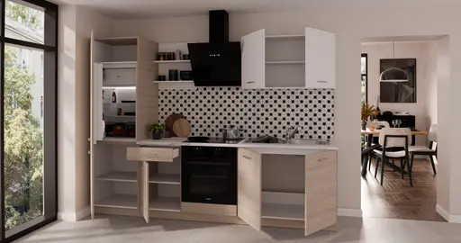 Küchenblock- ohne E-Geräte, B ca. 270 cm, Eiche Dekor, Weiß, Matt