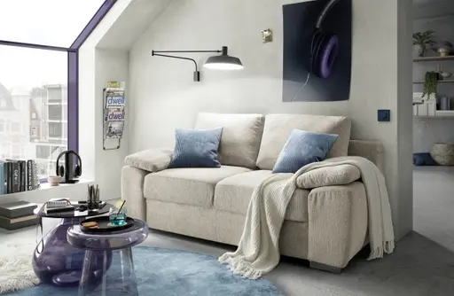 Schlafsofa EMIEL - 2-Sitzer inkl. Schlaffunktion und Bettkasten, Stoff, Beige