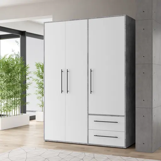 Drehtürenschrank FATHIE- B ca. 144 cm, Betonoptik, Weiß