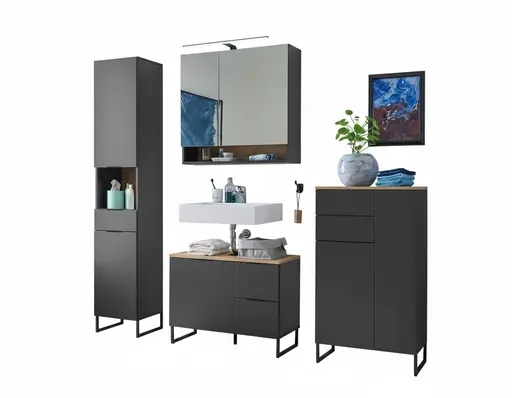 Hochschrank- B ca. 38 cm,  Schwarz Matt, Eiche Dekor