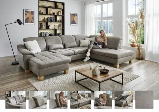 Wohnlandschaft - Longchair links mit 2,5-Sitzer und Ecke rechts, Kopfteil verstellbar, Stoff, Platin