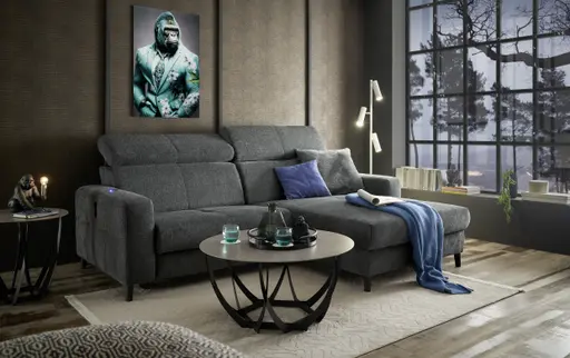 Ecksofa JANKO - 1-Sitzer mit Longchair rechts, Relaxfunktion motorisch, Stoff, Dunkelgrau