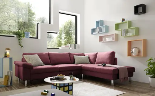 Ecksofa COOL - 2,5-Sitzer mit Ecke rechts, Querschläfer, Stoff, Burgund