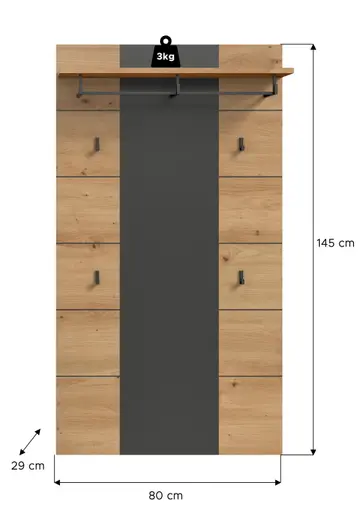 Garderobenpaneel - B ca. 80 cm, Basalt grau, Artisan Eiche Nachbildung