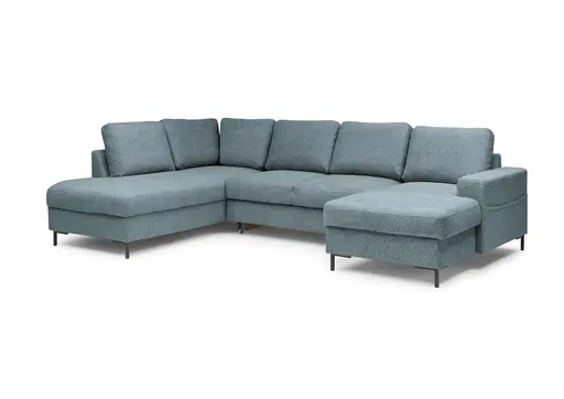 Wohnlandschaft - Ecke links mit 2-Sitzer und Longchair rechts, Stoff, Azur
