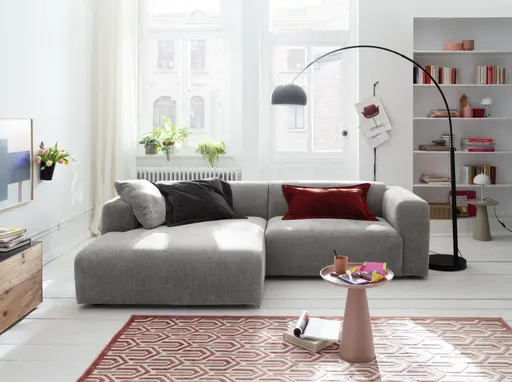 Ecksofa Laja - Longchair links mit 1-Sitzer, Stoff, Steingrau