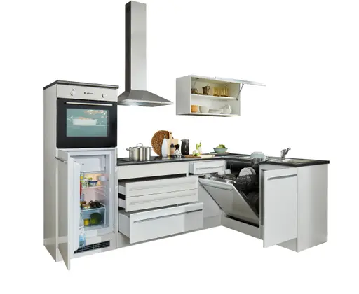 Küchenblock Eck- Inkl. E-Geräte, B ca. 260 cm, Weiß Matt, Weiß Hochglanz