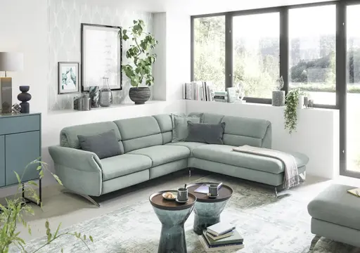 Ecksofa - 3-Sitzer mit Ecke rechts, Rückenlehne verstellbar, Stoff, Salbei
