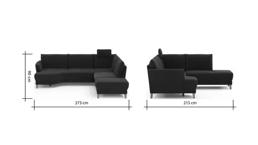 Sofa Stamford - 3,5-Sitzer, Bogen links mit Ecksofa 2-sitzig und Abschlusshocker Rechts, inkl. Armlehne verstellbar und Kopfstütze, Stoff, Dunkelblau