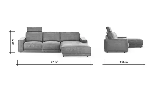 Ecksofa Balok - 2,5-Sitzer mit Longchair groß rechts, inkl. Relaxfunktion (motorisch) und Kopfstütze, Stoff, Anthrazit