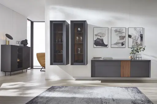 Wohnwand Parano - Lack Anthrazit, Nussbaum Satin