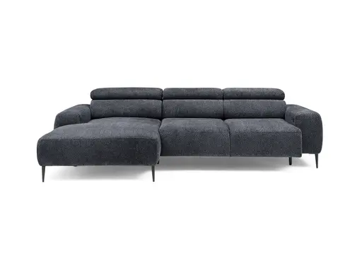 Ecksofa - Longchair links mit 2-Sitzer, Sitzvorzug motorisch, Kopfteil verstellbar, Stoff, Schwarzgrau