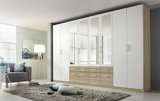 Drehtürenschrank- B ca. 361 cm, Eiche Dekor, Weiß, Spiegel