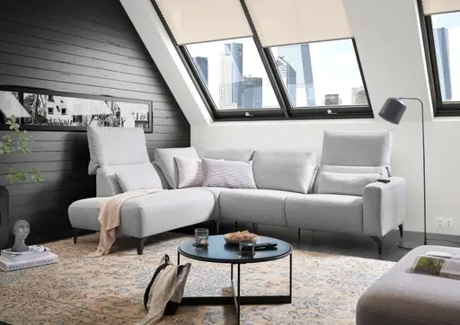Ecksofa - Ecke links mit 3-Sitzer, Rückenlehne verstellbar, Stoff, Hellgrau