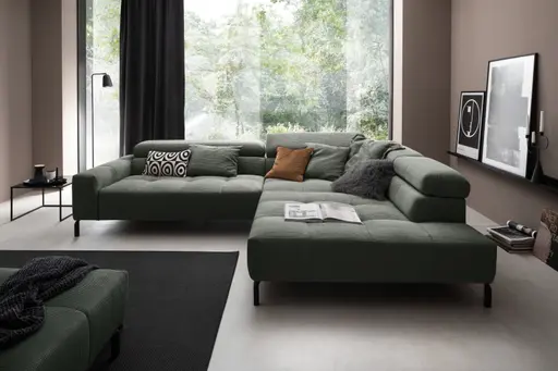 Ecksofa - 2-Sitzer mit Ecke rechts, Kopfteil verstellbar, Feincord, Olive